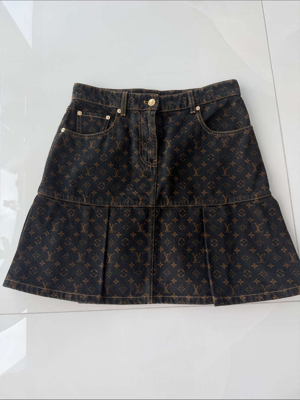 Louis Vuitton Dark Brown Monogram Denim Pleated Mini Skirt